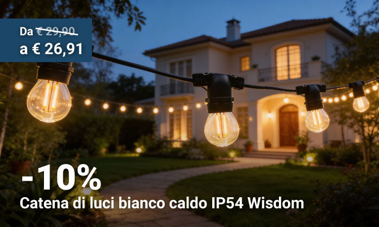 Warm white IP54 Wisdom outdoor string lights hung over a garden path to an illuminated house at dusk, promotional sale