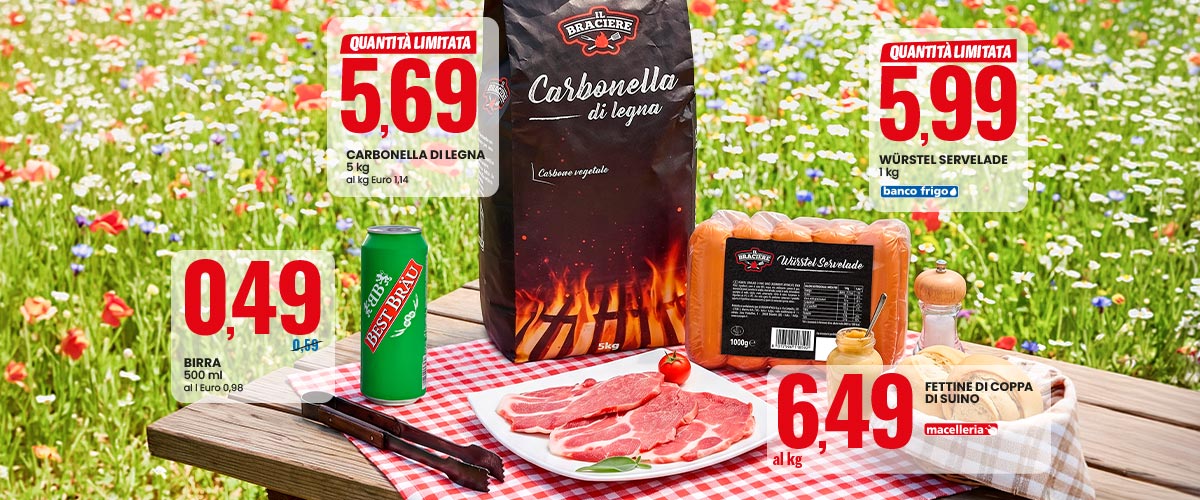 Barbecue picnic scene: bag of charcoal, pack of sausages, plate of raw pork slices, beer can and tongs on red gingham cloth in a wildflower meadow with price labels