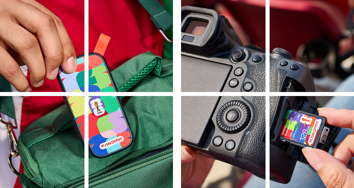 Un collage di sei immagini che mostrano un'unità USB SanDisk FIFA World Cup, primi piani di una fotocamera professionale e una scheda SD SanDisk Extreme PRO inserita in una fotocamera.
