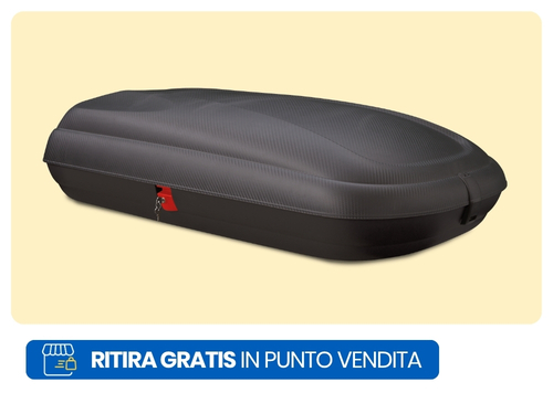 Black carbon-effect hard-shell car roof cargo box with red lock, shown with 'Free in‑store pickup' banner