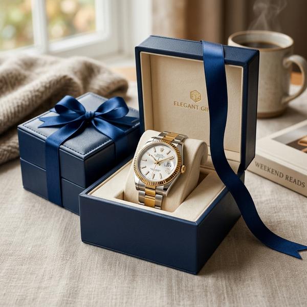 Square, realistic photo, elegant gift box with luxury watch and ribbon on soft neutral background, refined weekend gift inspiration, 4k
