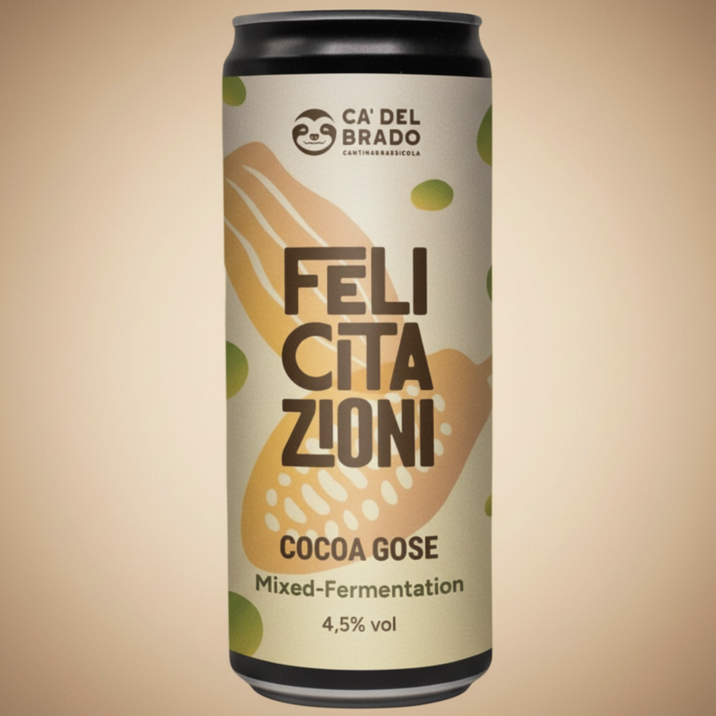 Can of "Felicitazioni Cocoa Gose" beer from Ca' Del Brado brewery.