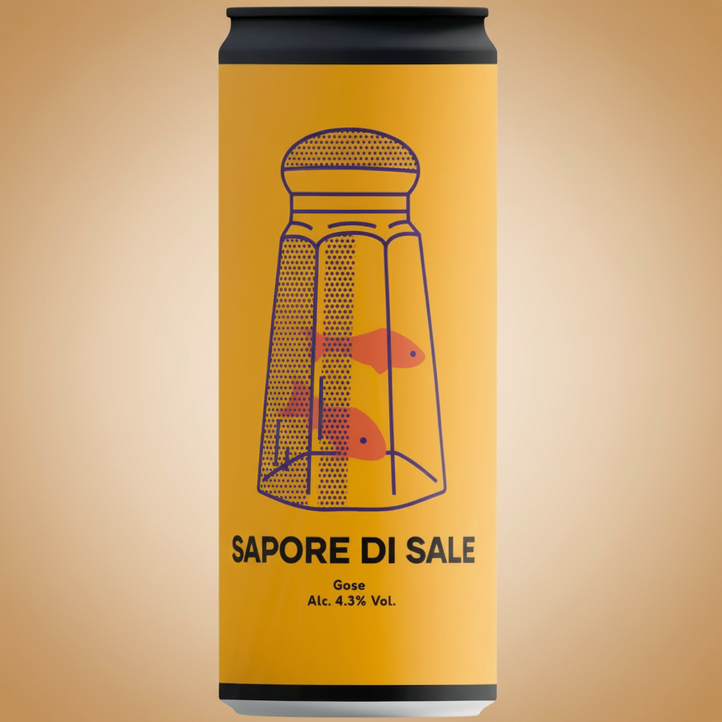 A yellow beer can with a salt shaker graphic containing two orange fish.