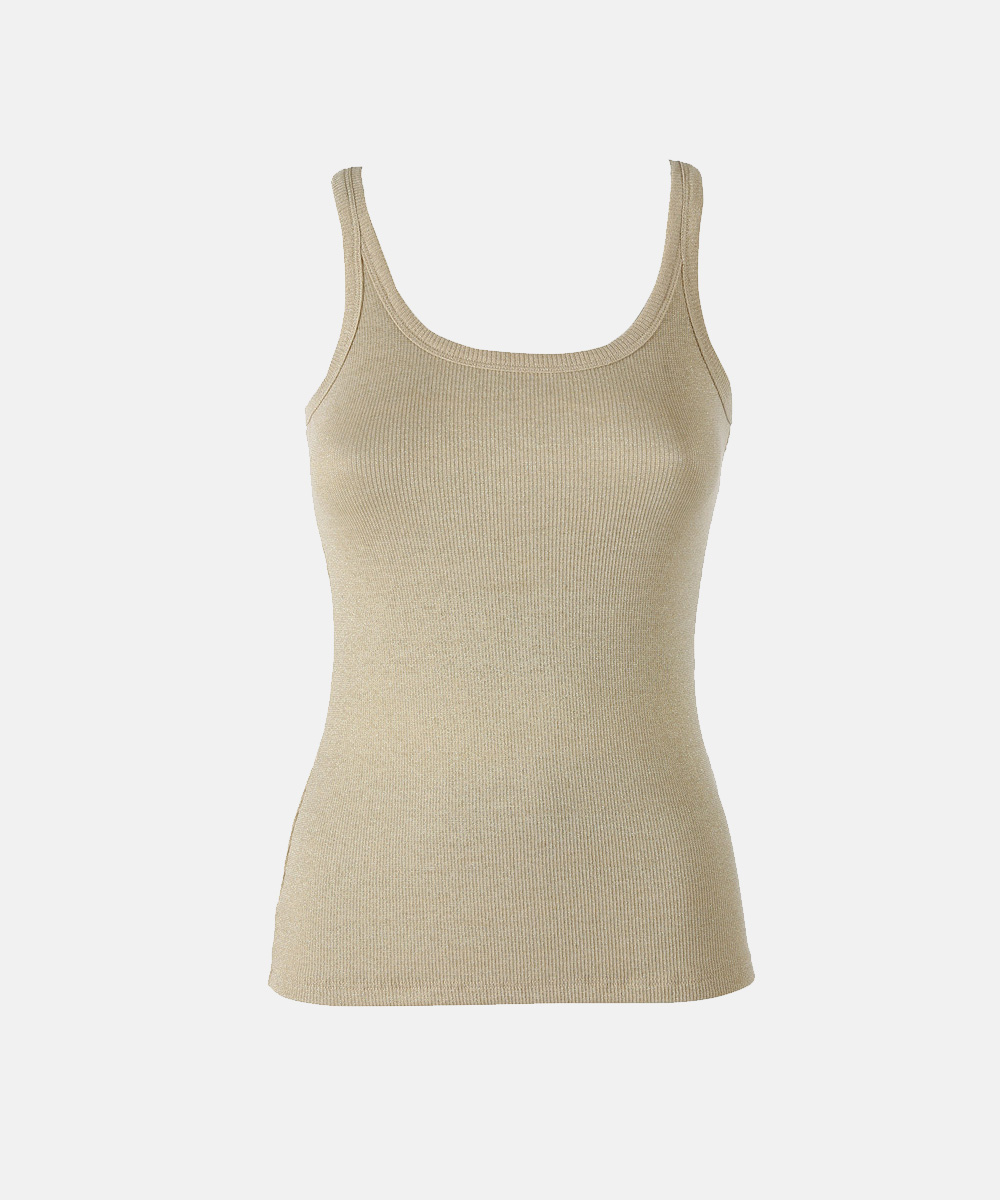 Beige ribbed women's tank top, scoop neck with wide straps; slim-fit sleeveless cotton-blend garment on plain white background