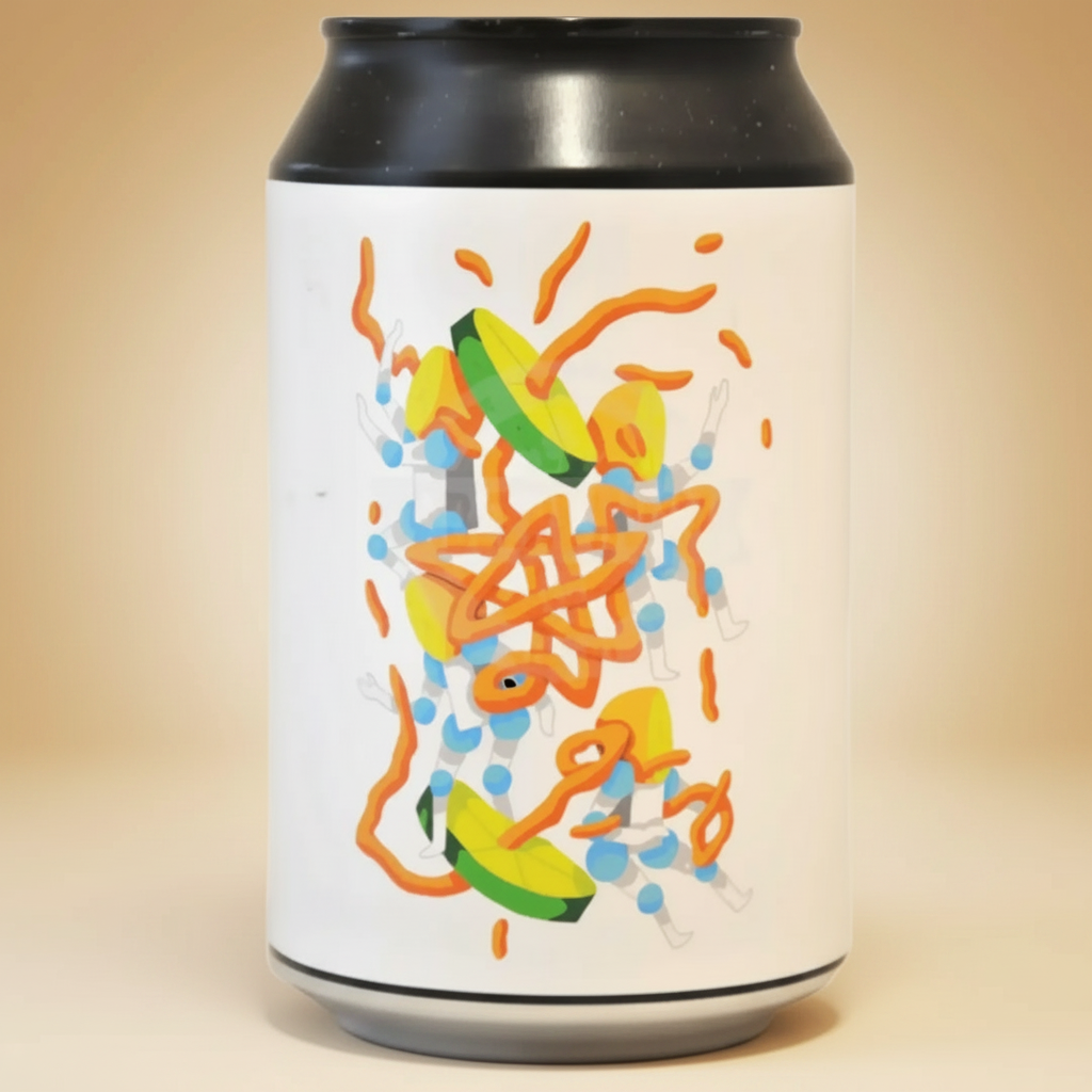 A can of beer with a white label featuring abstract orange, green, and blue figures.