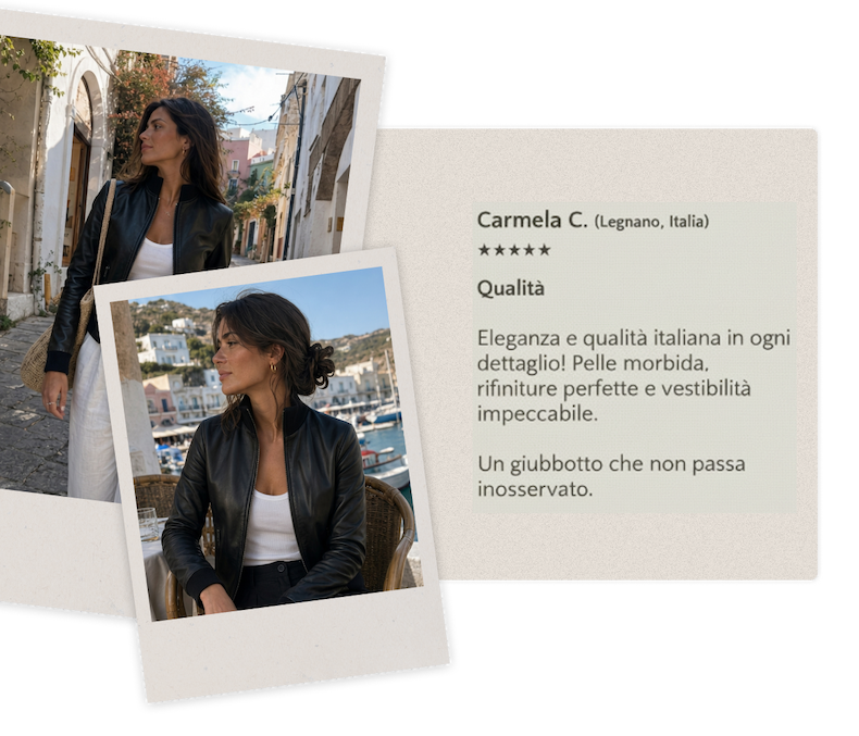 Review of a leather jacket by Carmela C. from Legnano, Italy, praising its quality and Italian elegance.