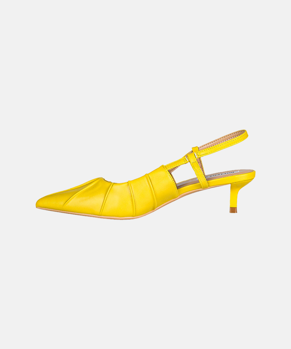 Yellow leather pointed-toe slingback shoe with pleated vamp and low kitten heel