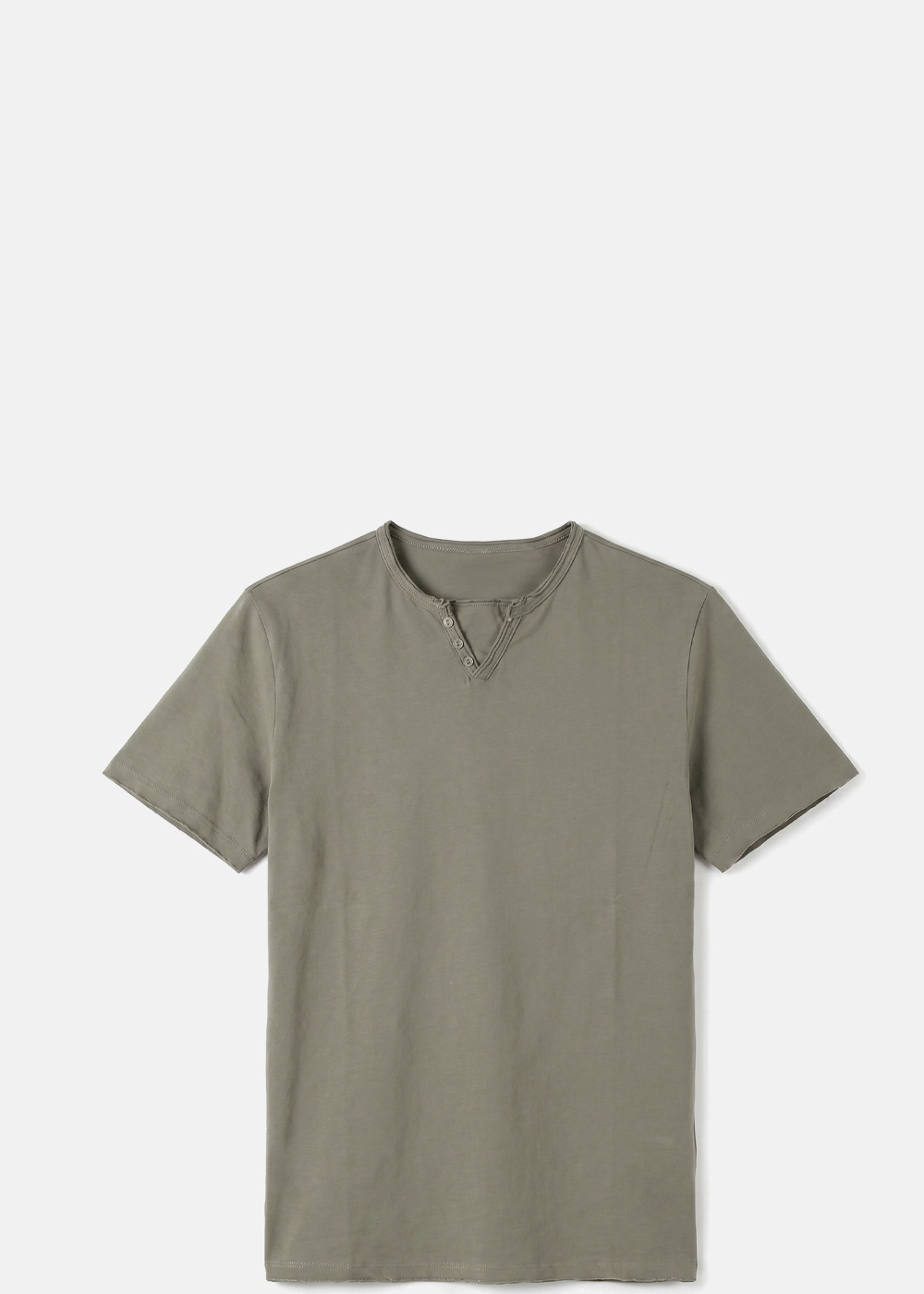 Olive green short-sleeve men's cotton T-shirt with henley-style notch neckline, flat-lay on white background