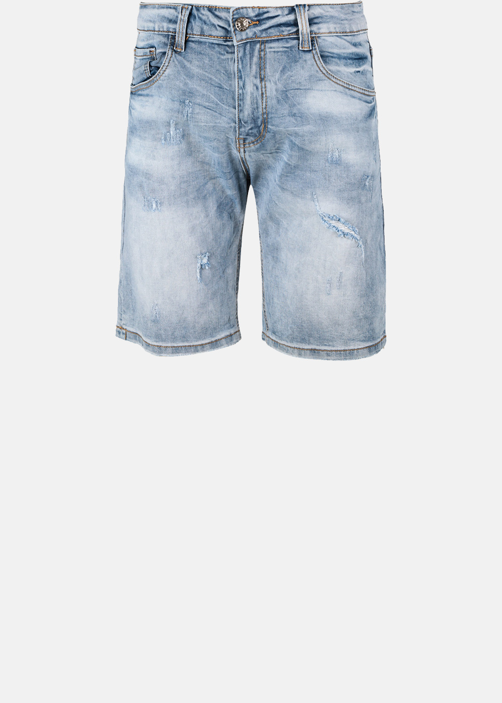 Light blue distressed denim shorts, five-pocket knee-length with frayed details and faded wash, front view