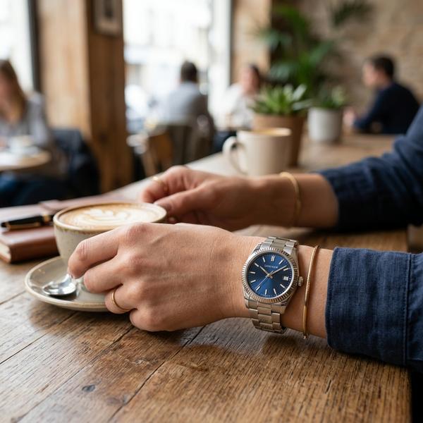 Square, realistic photo, wristwatch worn on the wrist in natural light, stylish everyday luxury scene, clean premium ecommerce photography, 4k
