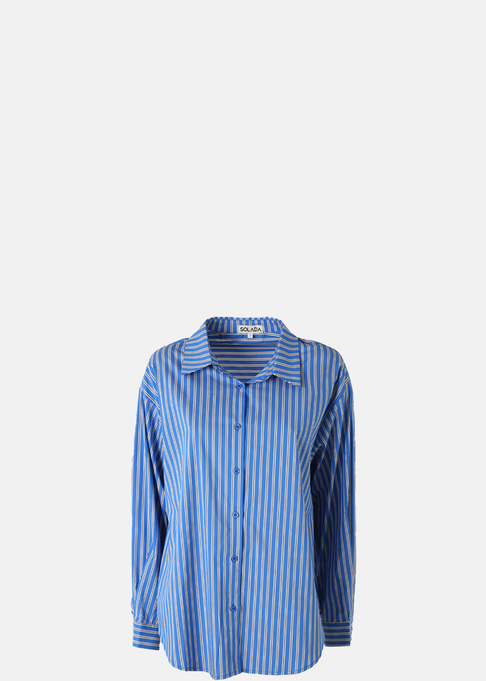 Blue and white vertical-striped long-sleeve button-up shirt on white background, relaxed fit women's blouse