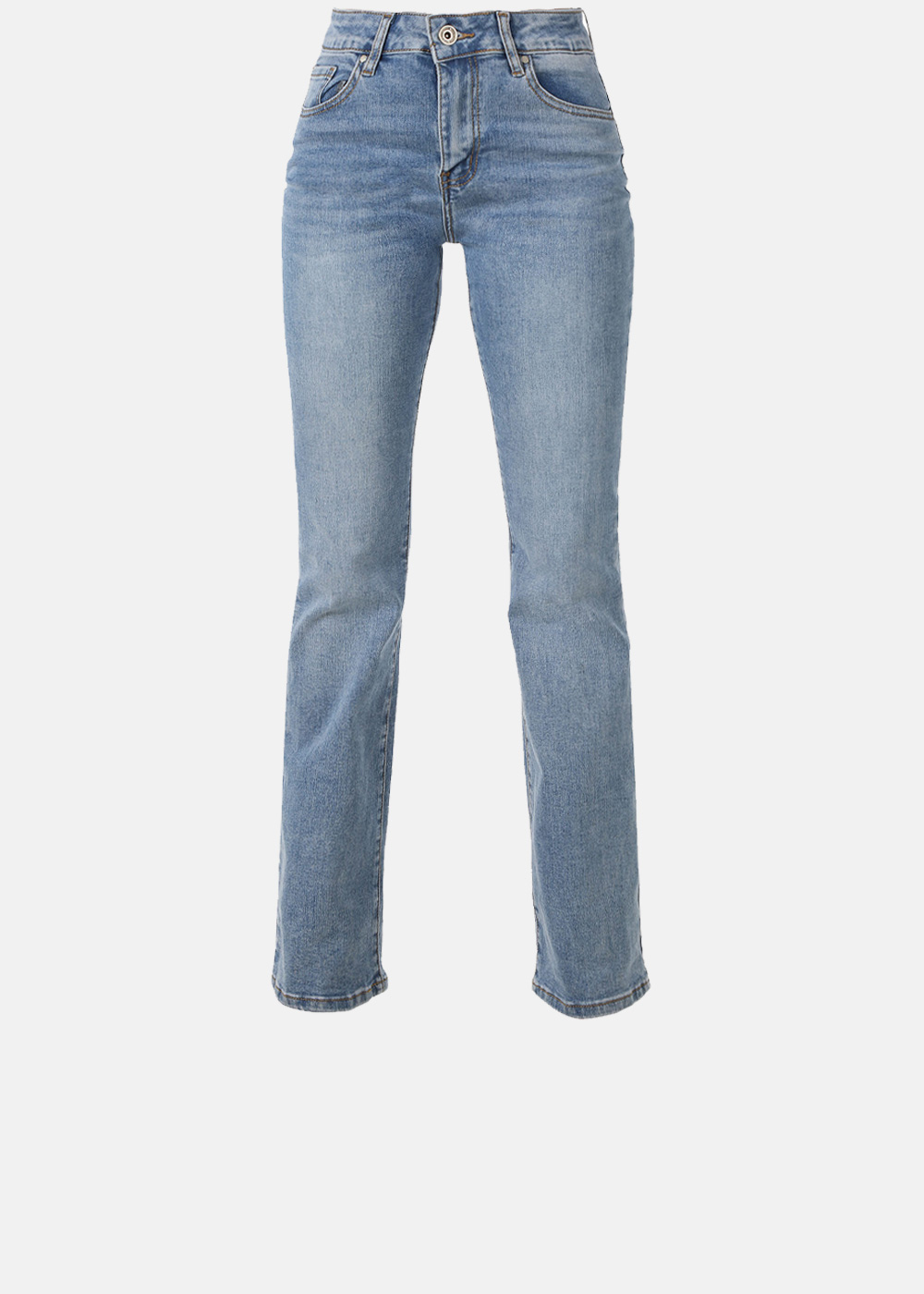 Women's light-blue high-waist straight-leg jeans, five-pocket front view with button-and-zip closure on white background