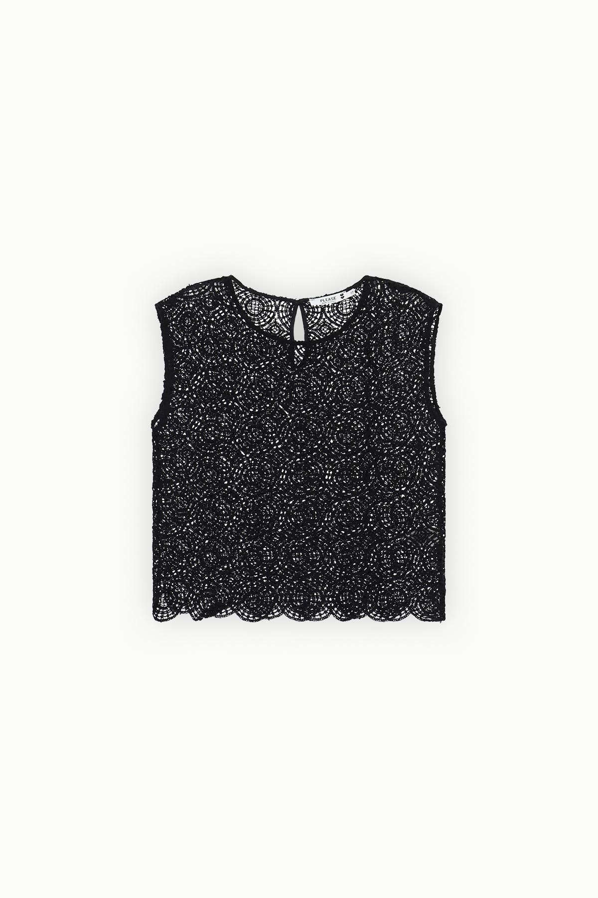 Black lace sleeveless crop top with scalloped hem and keyhole back detail, flat-lay on white background