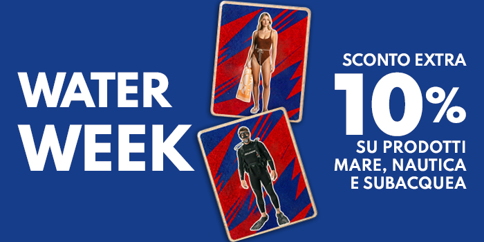 Promotional banner: Water Week - extra 10% off sea, nautical and scuba products; images of a swimmer and a diver on blue background