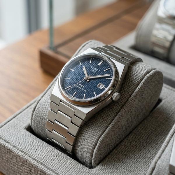 Square, realistic photo, refined Tissot wristwatch close-up on a neutral jewelry display, metallic details and elegant dial, premium product shot, 4k