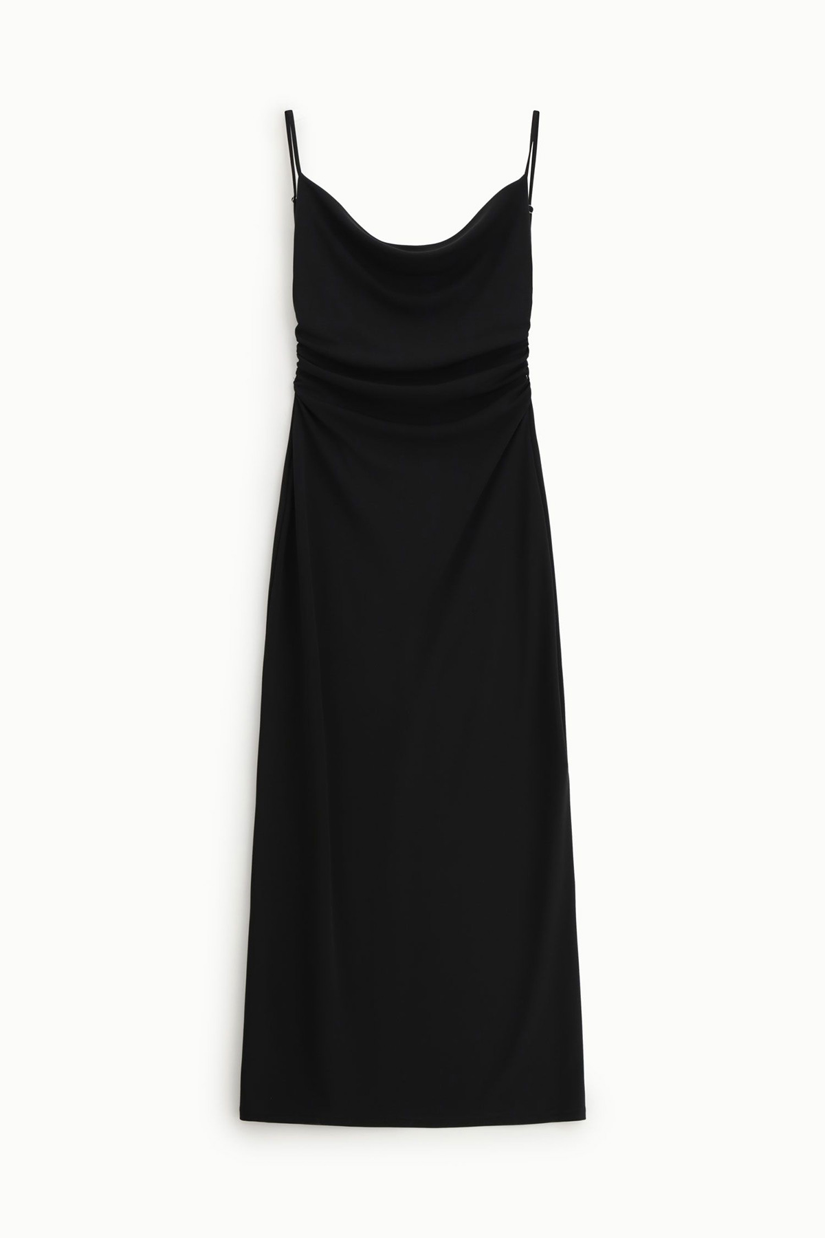 Black slip dress with cowl neckline, thin spaghetti straps and ruched waist, ankle-length