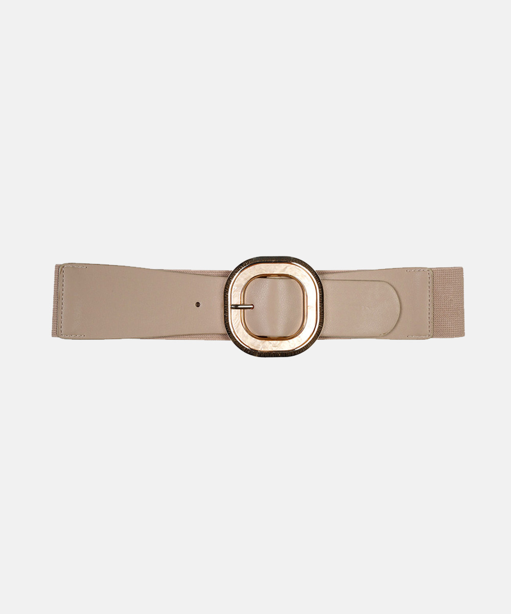 Wide beige women's stretch belt with large square gold buckle laid flat on white background