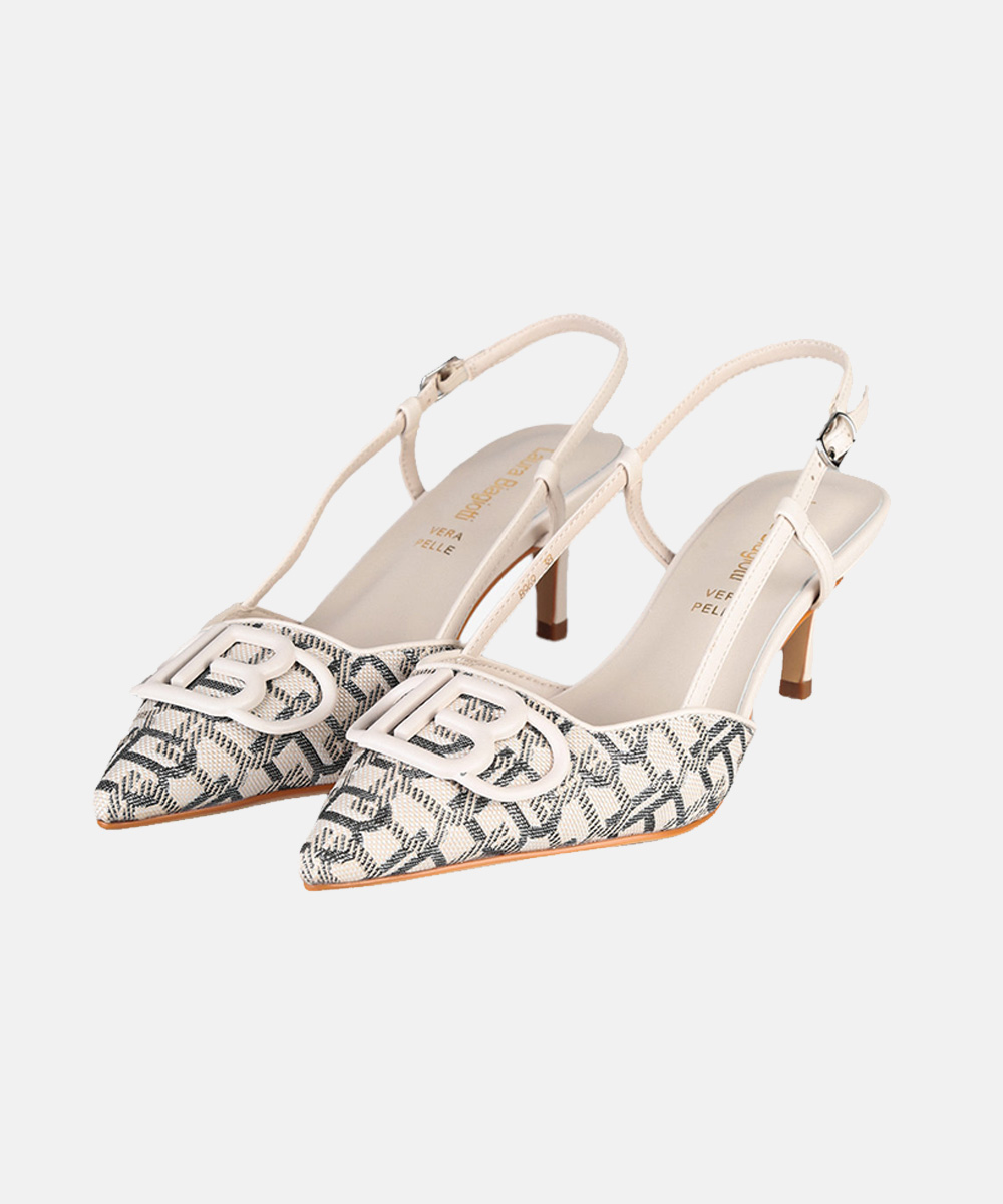 Pair of cream and black monogram slingback kitten-heel shoes with pointed toes and decorative buckle