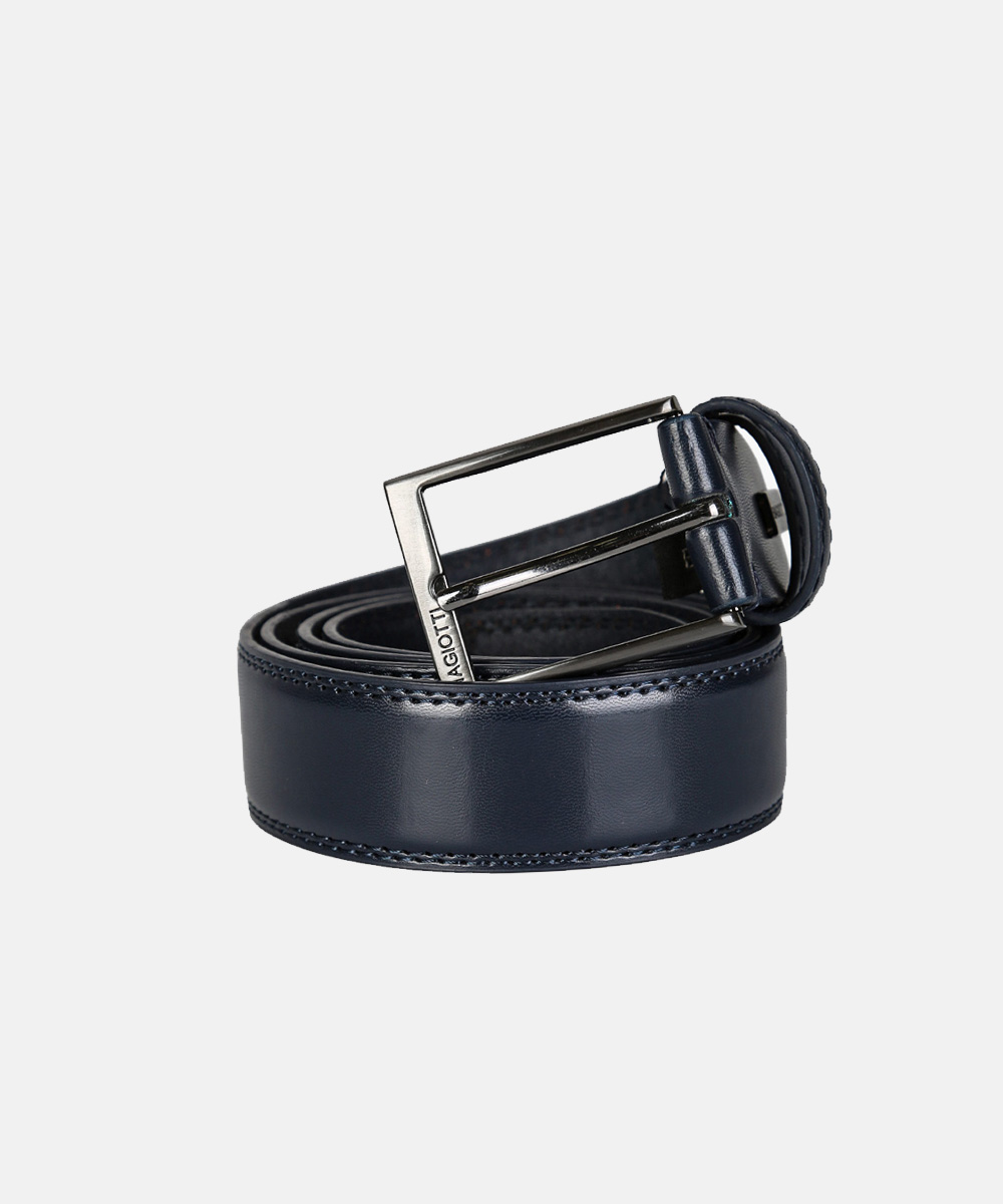 Rolled men's navy leather belt with polished silver rectangular buckle on white background, classic formal accessory