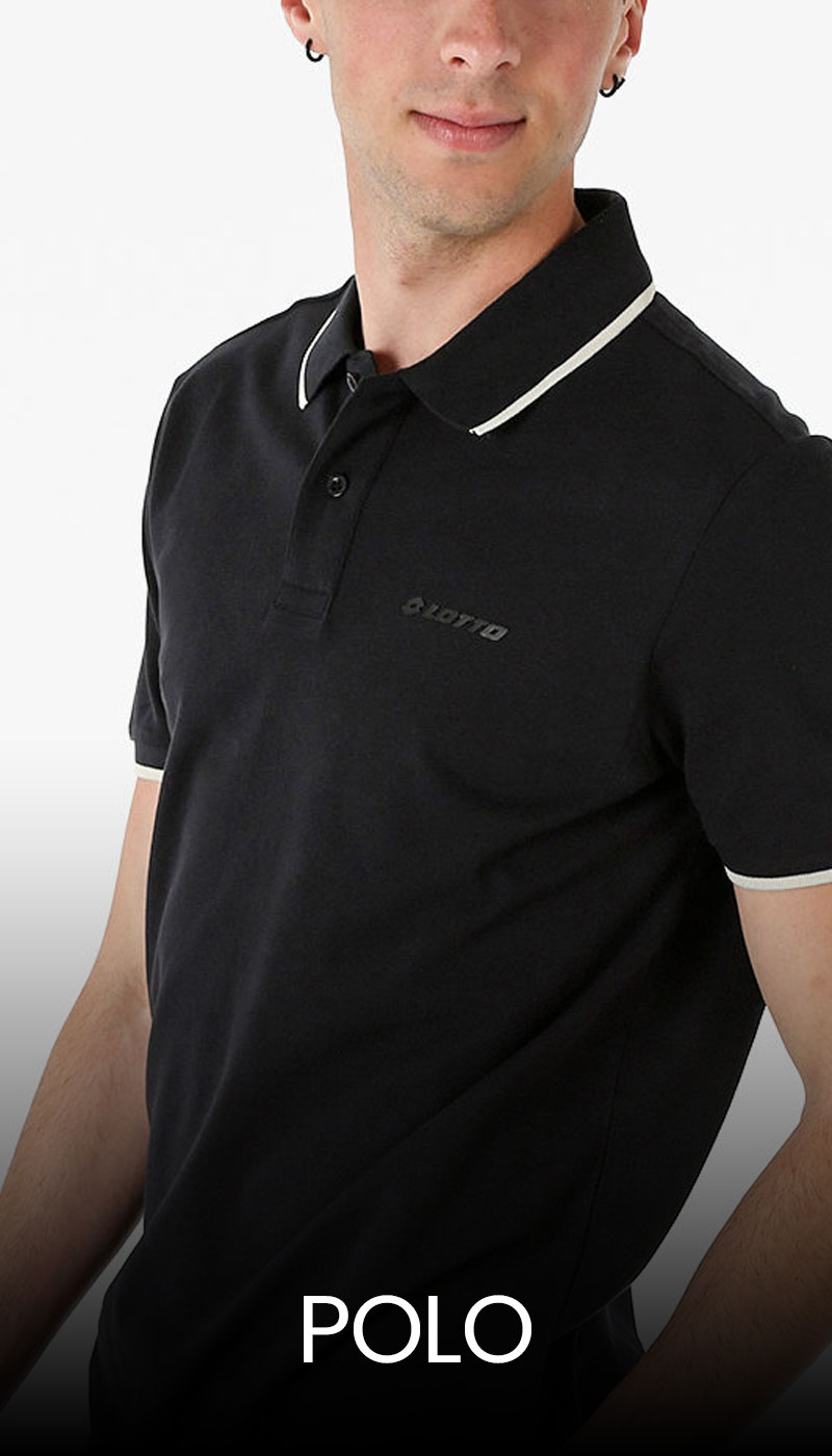 Black short-sleeve polo with white tipping on collar and cuffs, subtle chest logo, worn by a model