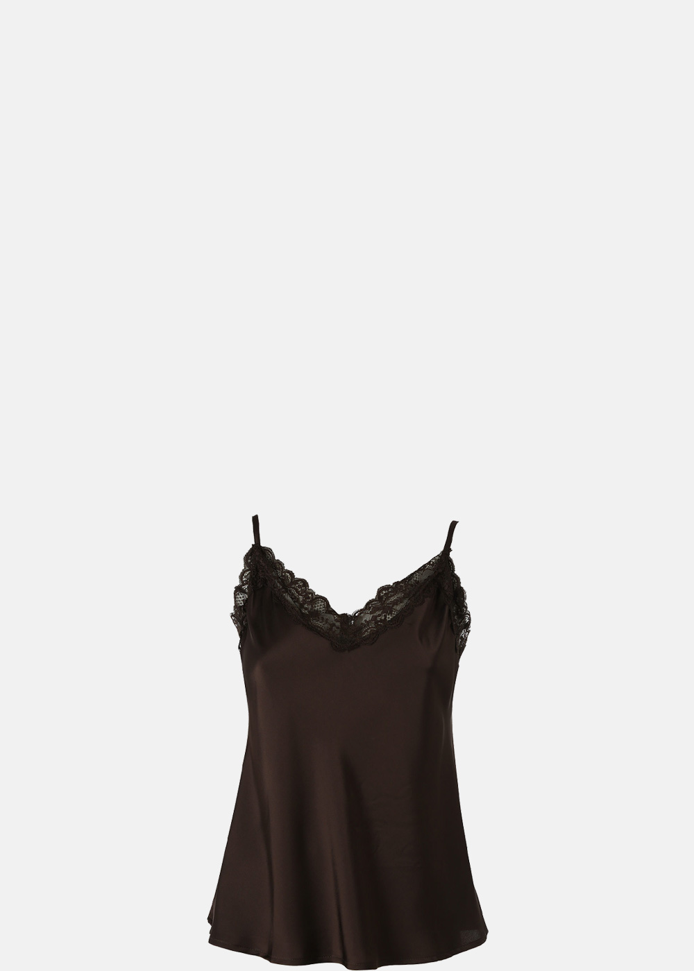 Women's brown satin camisole with lace-trimmed V-neck and thin spaghetti straps on white background