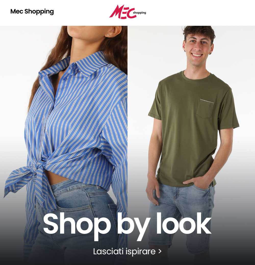 Split image of a woman in a blue striped tie-front shirt and jeans (left) and a smiling man in an olive T-shirt and denim shorts (right)