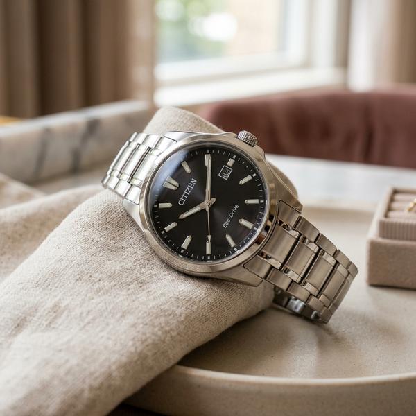 Square, realistic photo, sophisticated Citizen wristwatch on a soft light background, polished bracelet and contemporary dial, premium jewelry catalog style, 4k