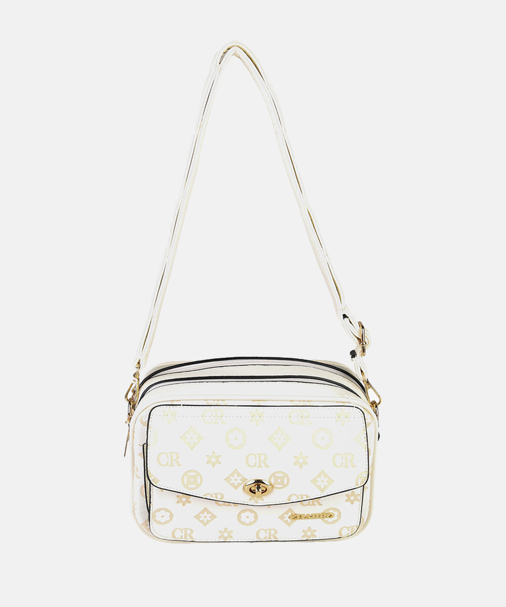 White leather crossbody bag with gold hardware, monogram print, front flap pocket and adjustable shoulder strap