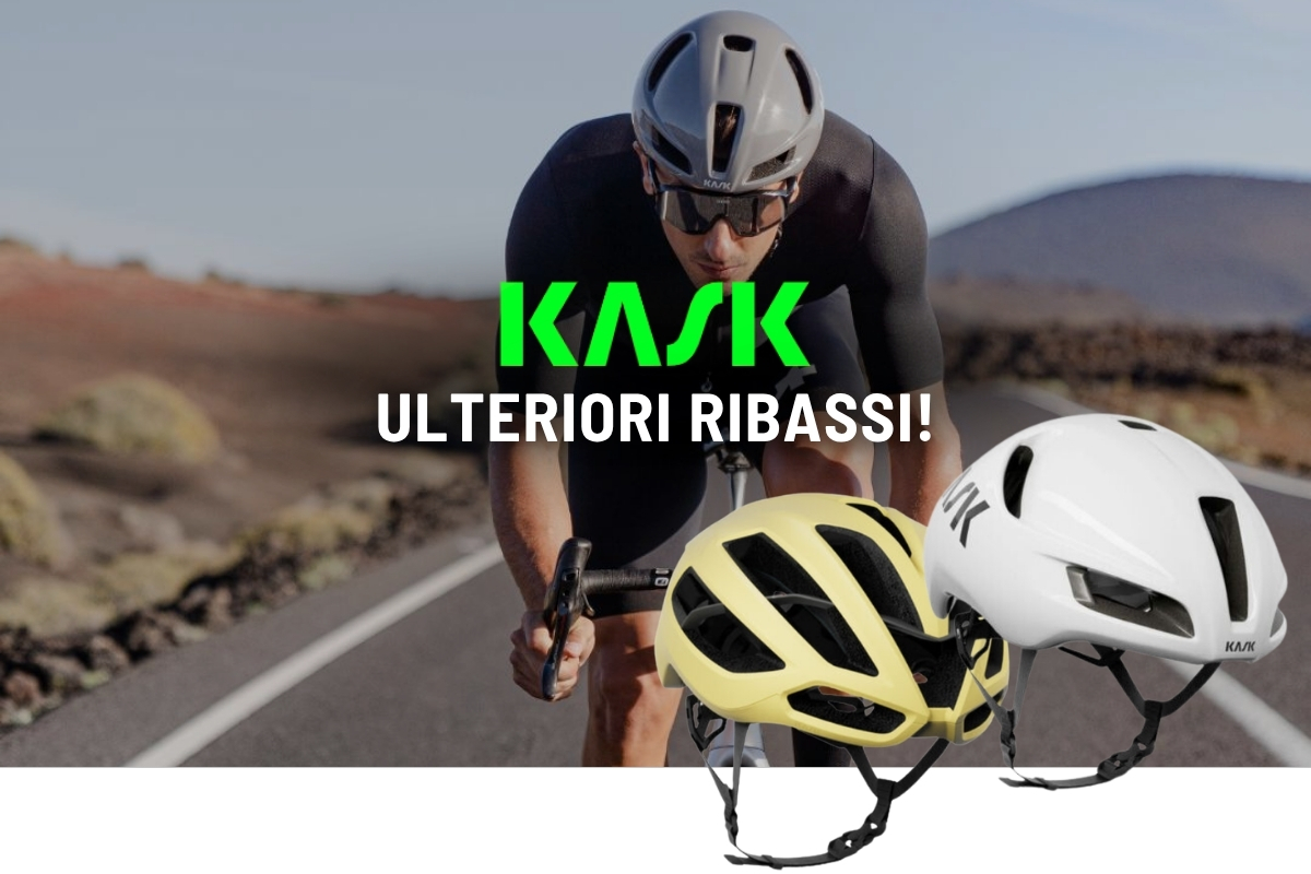 Cyclist wearing a Kask helmet on an open road with yellow and white Kask helmets in the foreground and sale text