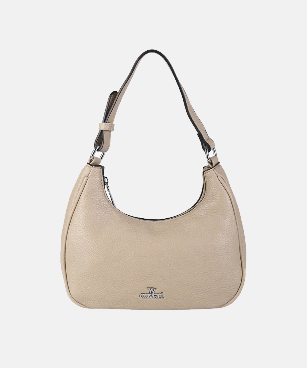 Beige pebble‑grain leather hobo shoulder bag with short adjustable strap and silver metal logo