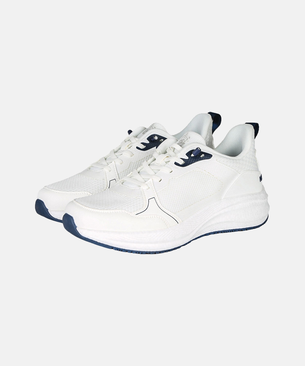 Pair of white trainers with navy accents, breathable mesh upper and cushioned chunky sole, angled side view