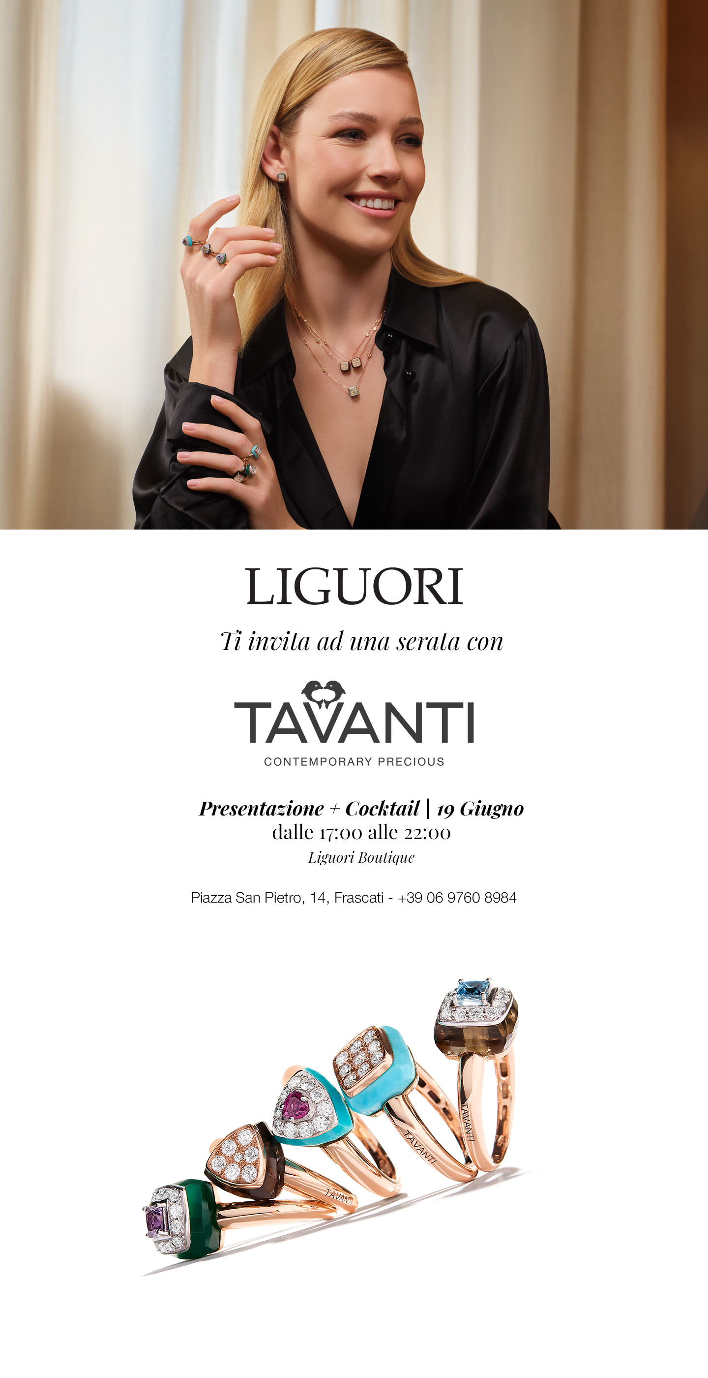 Smiling woman modelling Tavanti gold rings and necklace above a Liguori invitation banner with Tavanti logo and assorted gem rings