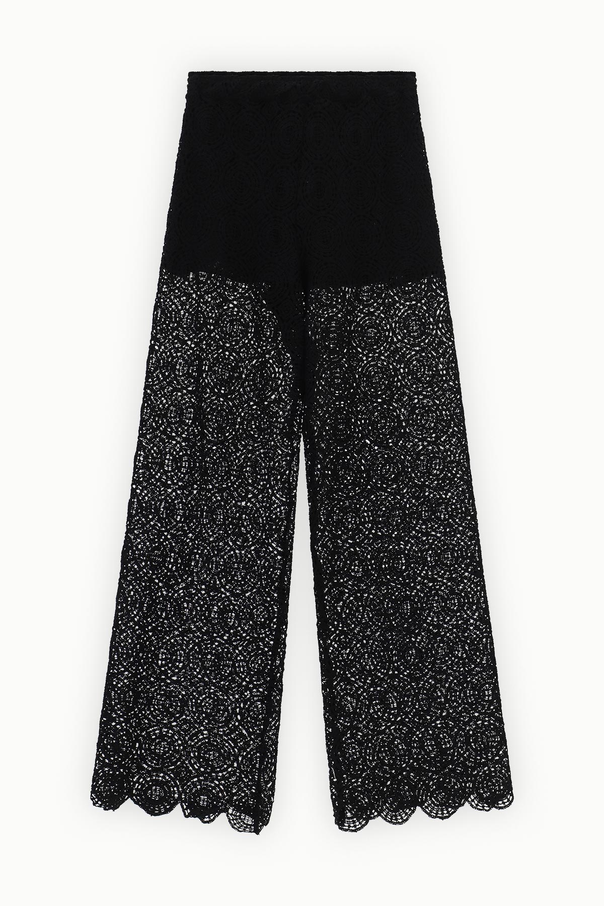 High-waist black wide-leg lace trousers with floral crochet pattern and scalloped hem