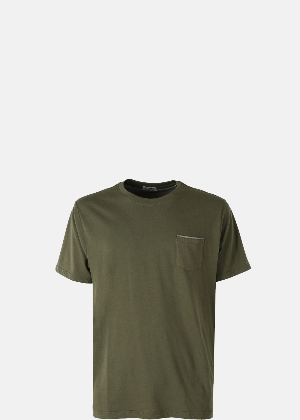 Men's olive-green short-sleeve crew-neck T-shirt with chest pocket, plain cotton top on white background