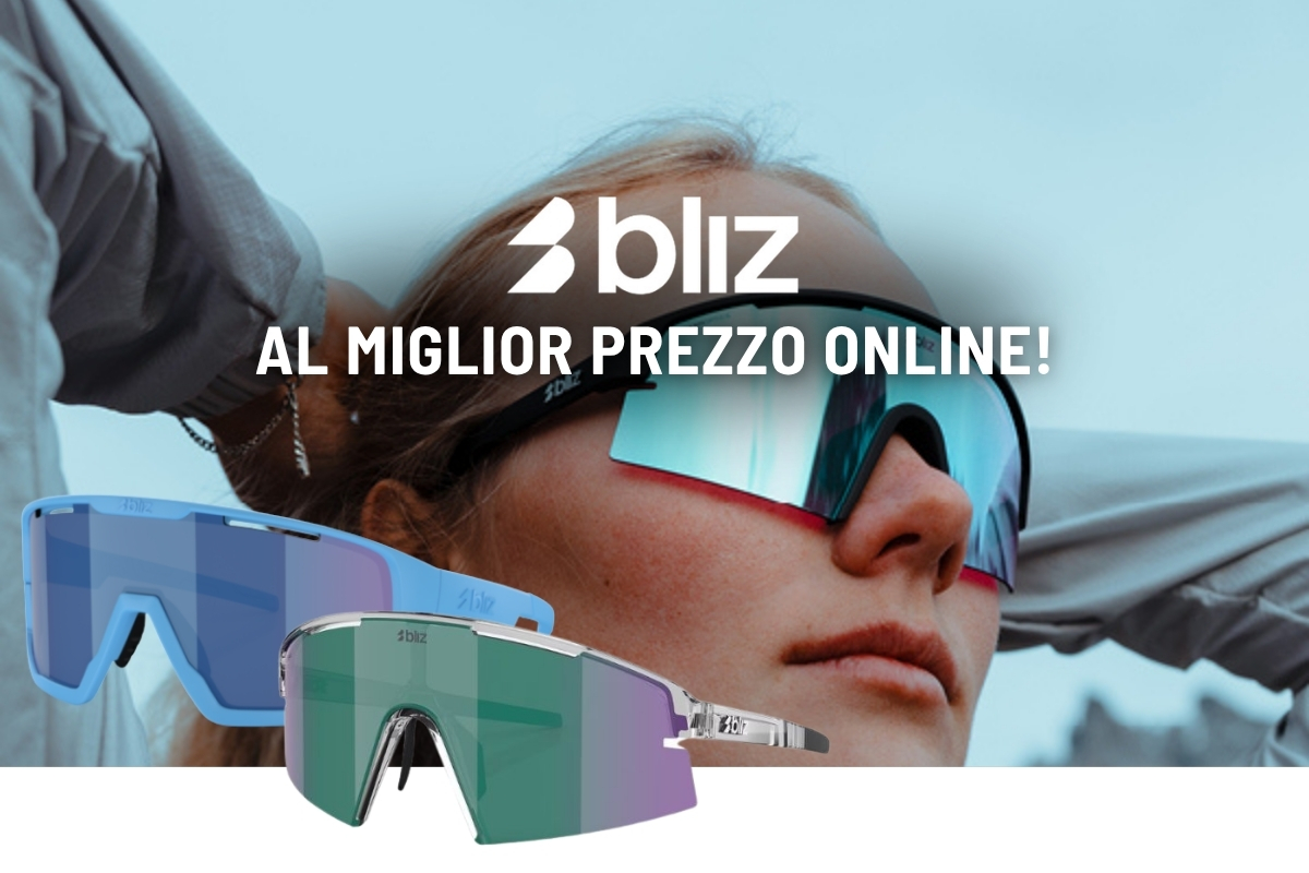 Promotional Bliz sports sunglasses banner showing a person wearing mirrored wraparound lenses and two colourful sunglass models overlaid