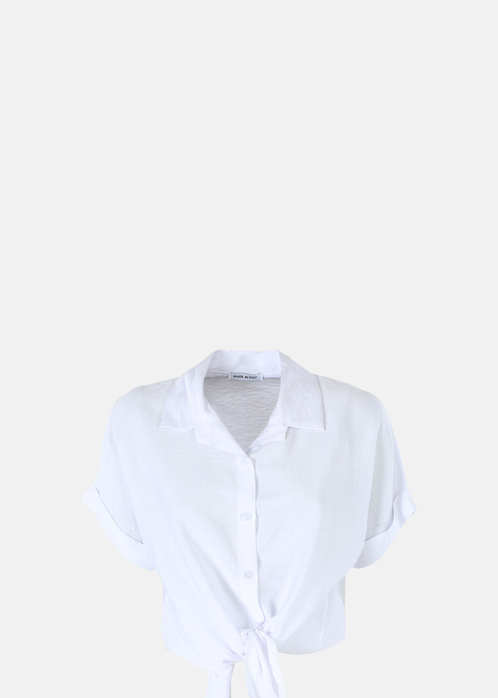 Women's white short-sleeve tie-front button-up shirt on plain background, lightweight summer blouse