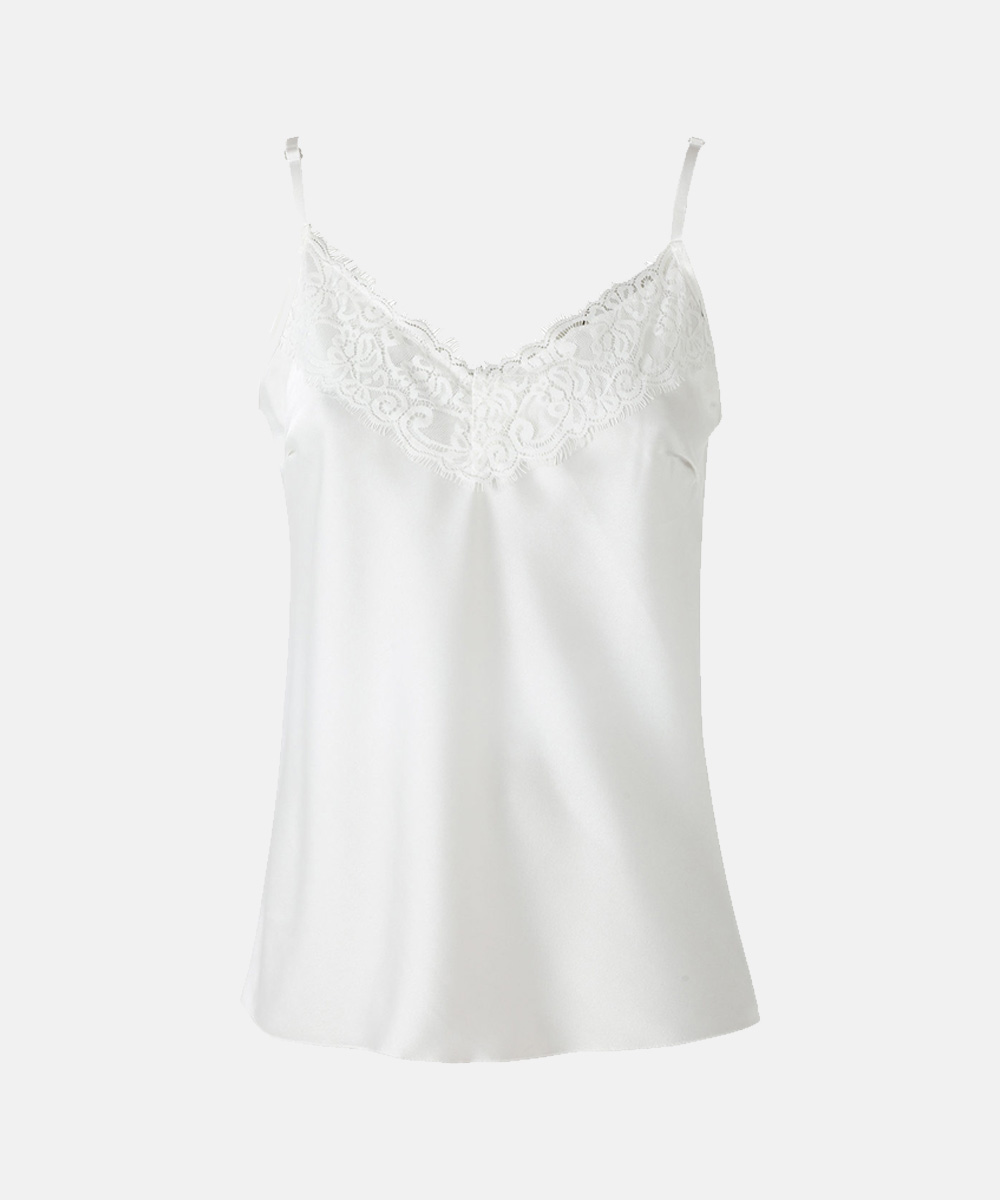 Women's white satin camisole with lace-trimmed V-neck and adjustable thin straps, product image on plain background