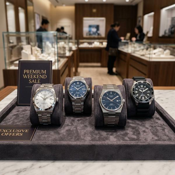 Landscape, realistic photo, elegant Tissot and Citizen wristwatches arranged in a refined jewelry display, soft studio lighting, premium weekend sale mood, 4k