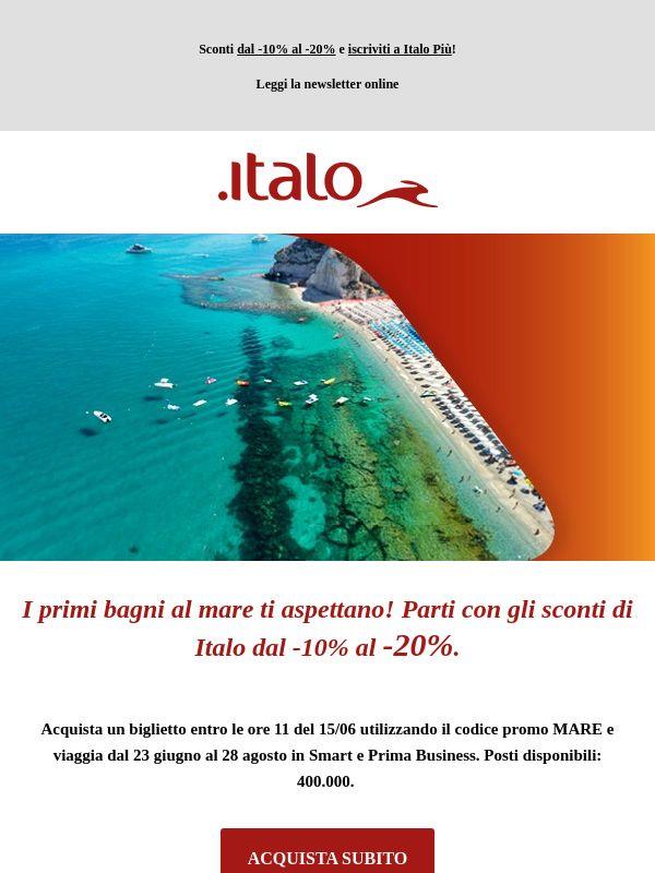 I primi bagni al mare ti aspettano! Parti con gli sconti di Italo dal -10% al -20%.