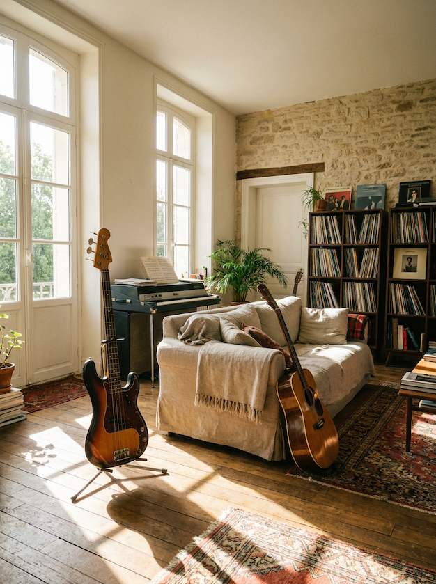 Una sala di musica con un basso pronto