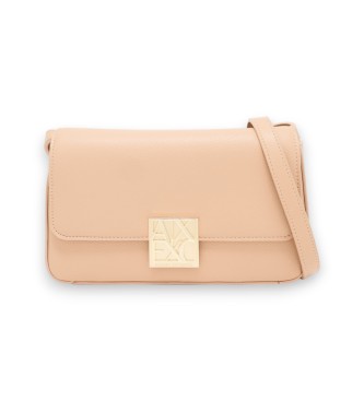 Borsa a tracolla testurizzata con chiusura a patta e logo beige