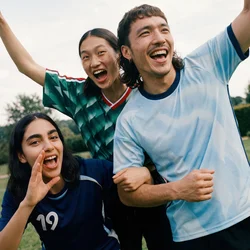 Tre giovani adulti in abbigliamento sportivo applaudono e sorridono all'aperto in un parco erboso con alberi sullo sfondo.