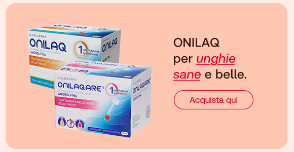 &ldquo;Prodotti Onilaq e Onilaqare per il trattamento delle micosi delle unghie. Testo: &lsquo;ONILAQ per unghie sane e belle&rsquo; con pulsante &lsquo;Acquista qui&rsquo;.&rdquo;