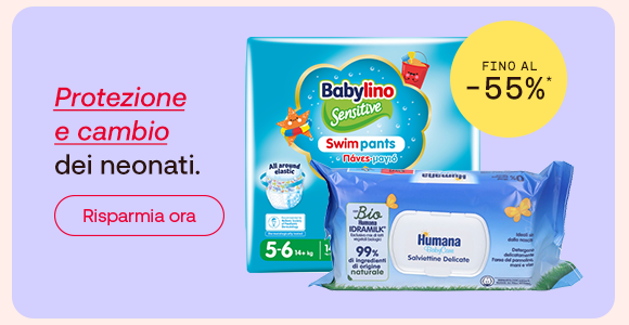 &ldquo;Pannolini da mare Babylino Sensitive e salviettine Humana Bio Idramille con offerta fino al -55%. Testo: &lsquo;Protezione e cambio dei neonati&rsquo; e pulsante &lsquo;Risparmia ora&rsquo;.&rdquo;