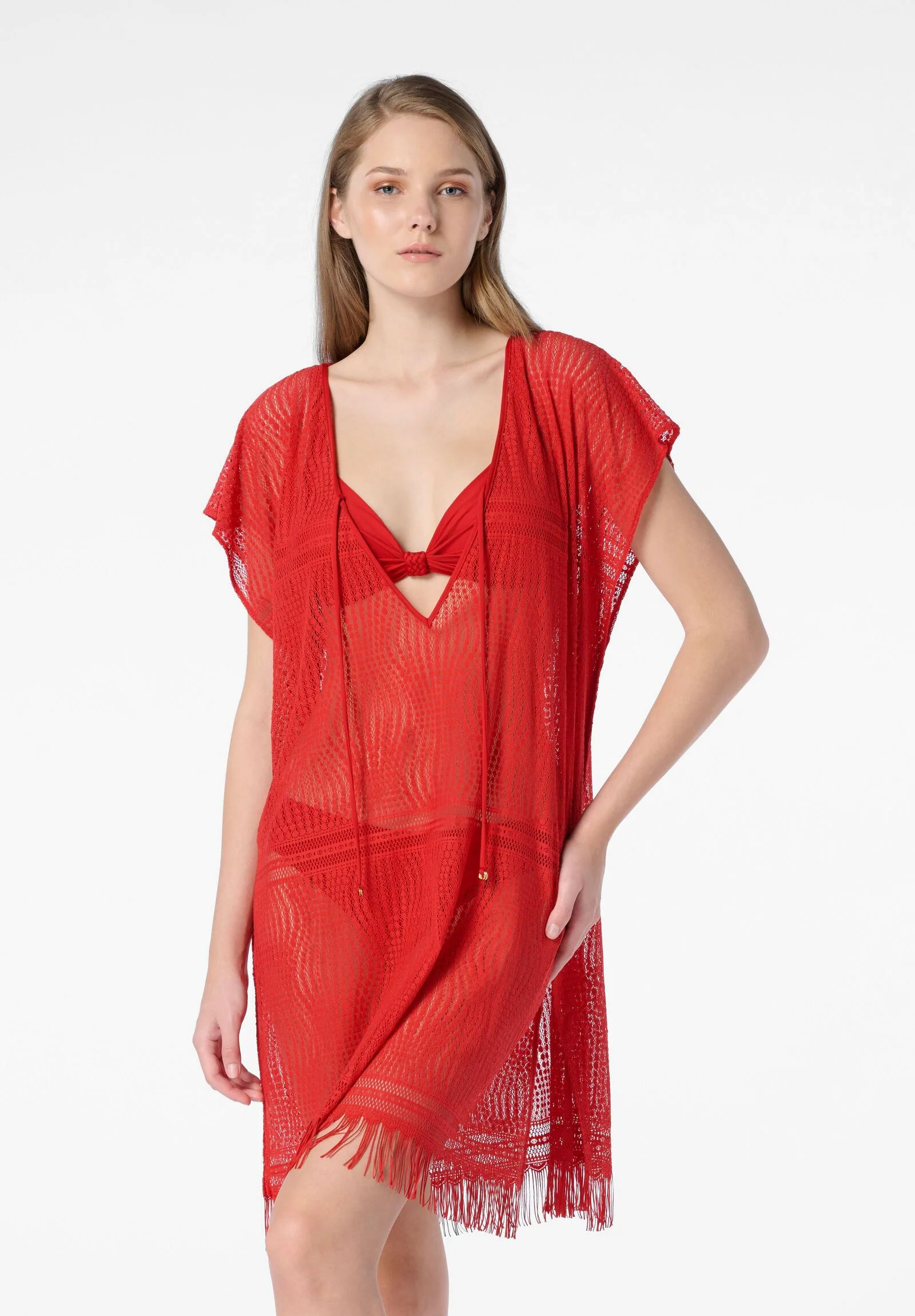 Image of Kaftano in Pizzo Copricostume Drapé - Rosso