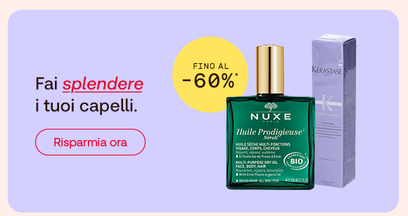 &ldquo;Prodotti per la cura dei capelli Nuxe Huile Prodigieuse e K&eacute;rastase con offerta fino al -60%. Testo: &lsquo;Fai splendere i tuoi capelli&rsquo; e pulsante &lsquo;Risparmia ora&rsquo;.&rdquo;