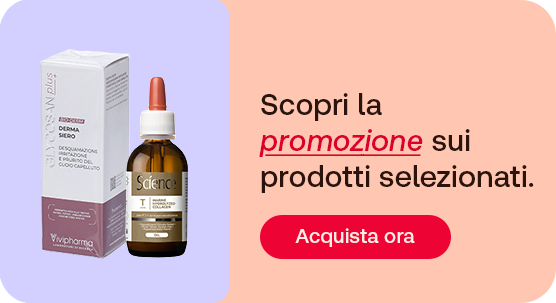 &ldquo;Confezione e flacone di siero Glycosan Plus Vivipharma per il cuoio capelluto su sfondo colorato. Testo: &lsquo;Scopri la promozione sui prodotti selezionati&rsquo; con pulsante &lsquo;Acquista ora&rsquo;.&rdquo;