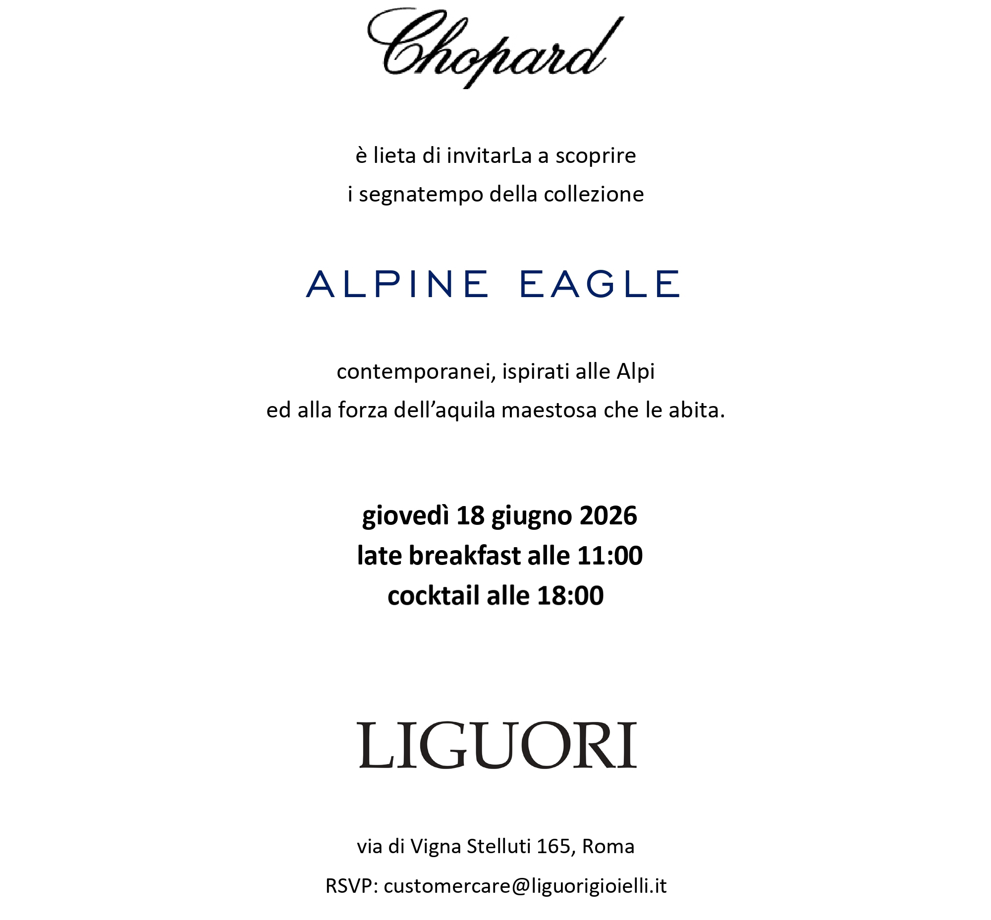 Chopard invitation: Alpine Eagle watch collection preview at Liguori, Rome, 18 June 2026 — late breakfast 11:00, cocktail 18:00