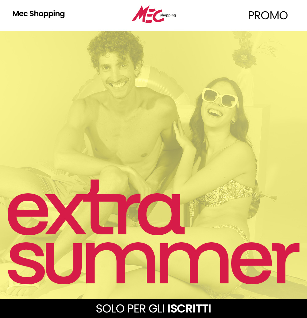 Smiling young man and woman in swimwear lounging with sunglasses and inflatable, 'Extra Summer' promo banner for MEC Shopping sale