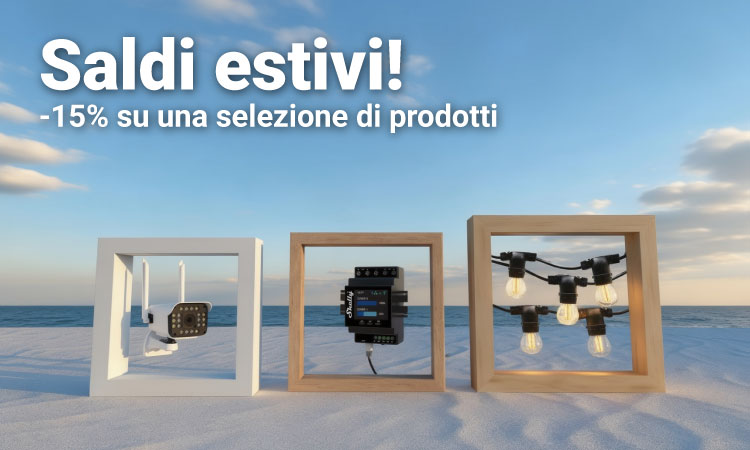 Summer sale banner on beach showing three framed smart‑home products — outdoor security camera, control module and string lights; 15% off selected products